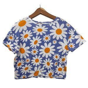 Zara Womens Top Sz S Periwinkle Blue Daisy Print Cropped Tee Floral Boho NWOT